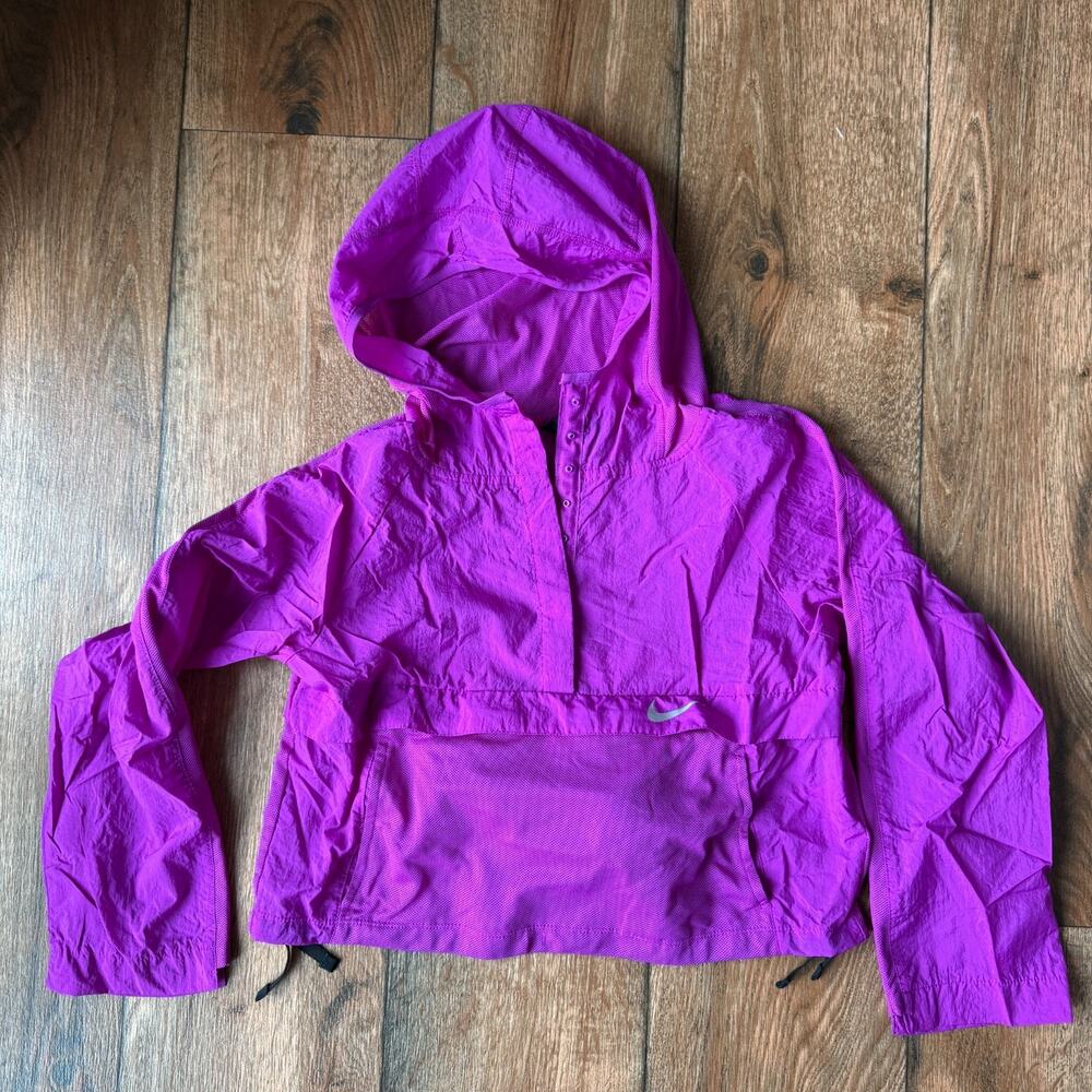 Nike Girls Vivid Purple Packable Jacket Size Large Lightweight Hooded Fanny Pack